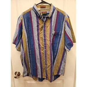 Vintage Short Sleeve Oakton Limited Blue Yellow Pink Stripe Button Up 90s Retro